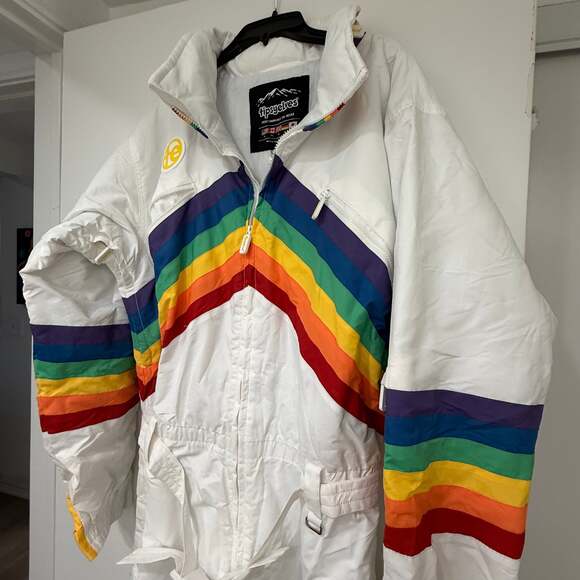 Tipsy Elves Men's Sunrise Shredder Ski Snow Suit Rainbow Retro White Unisex - Picture 3 of 10